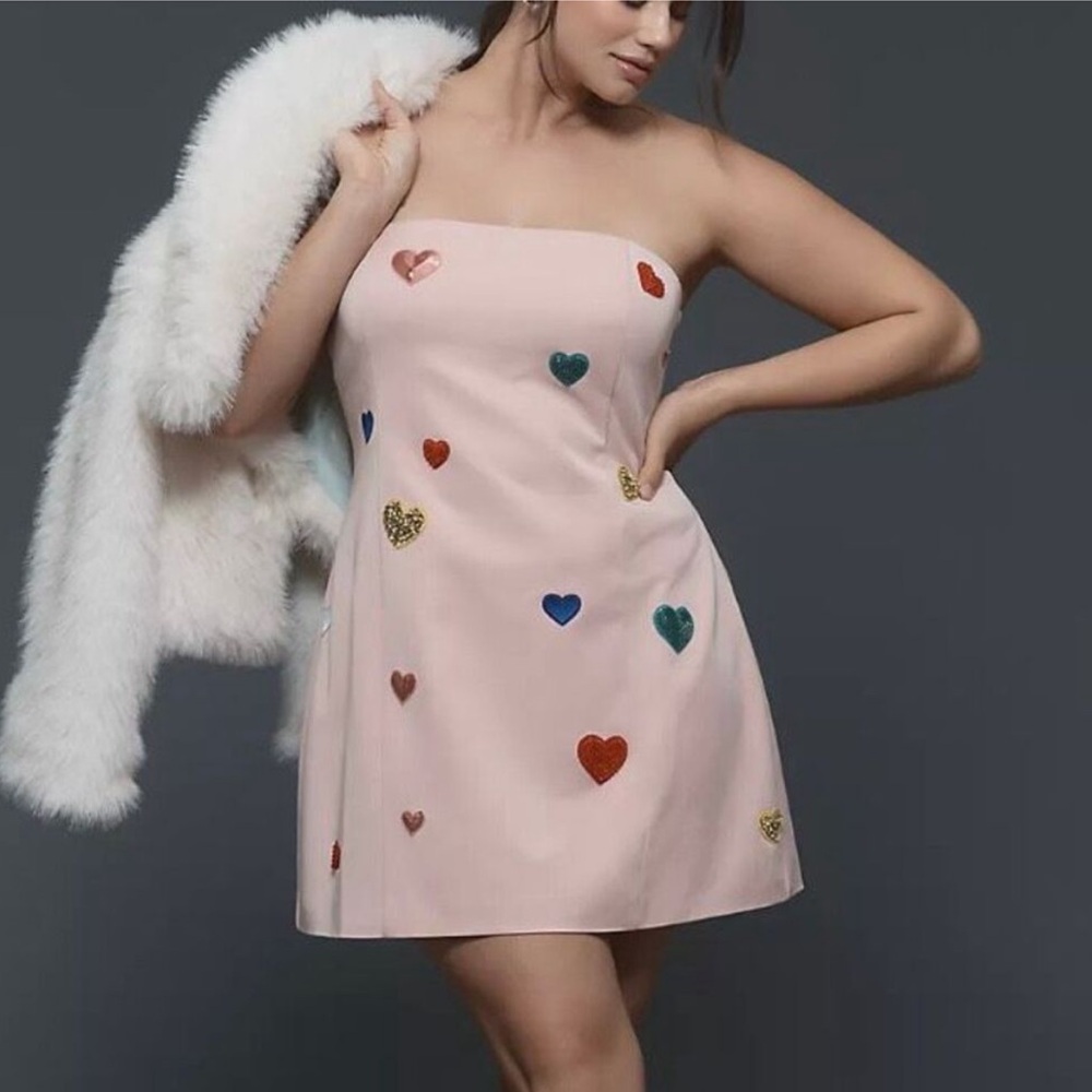 Anthropologie Strapless Pink Mini Dress with Multicolor Heart Appliqués